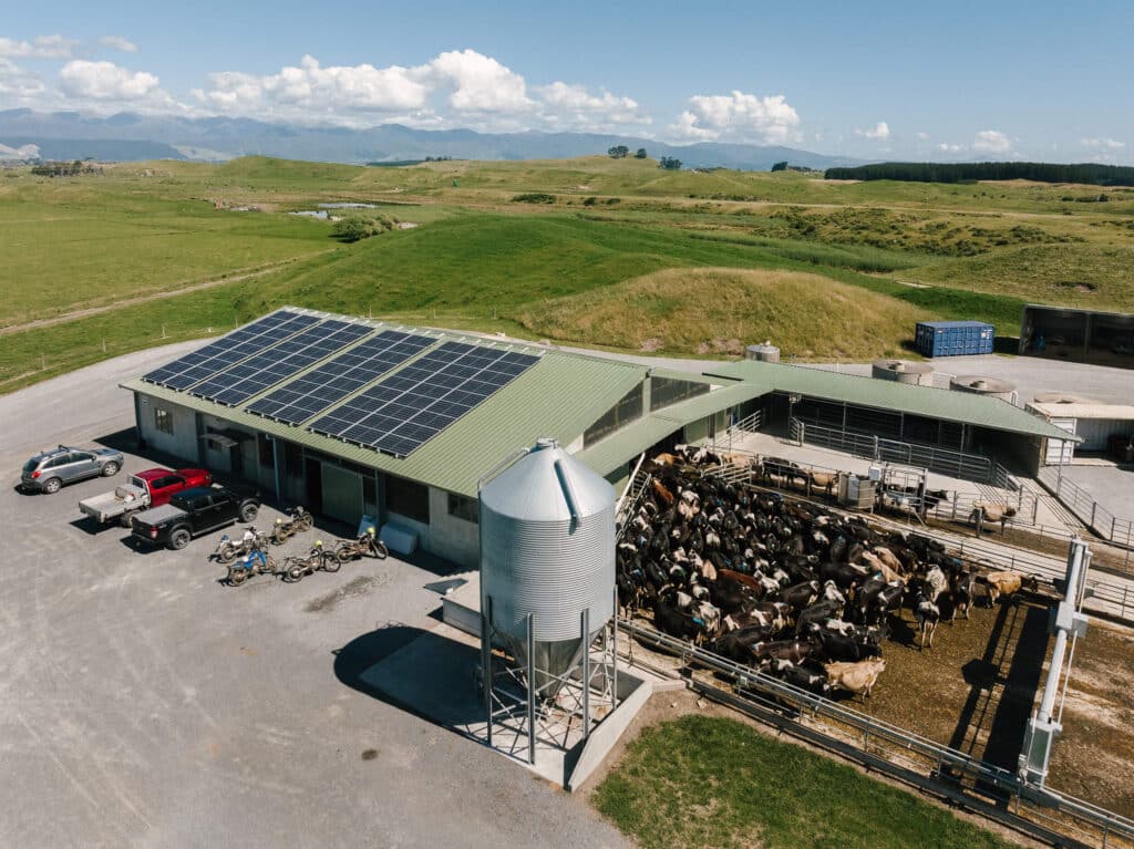 Aerial view of cowshed with solar panel installation by SES Electrical
